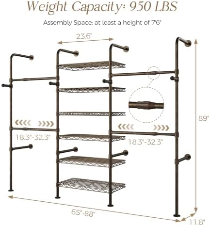 Wall Mounted Closet System, 3-Row Heavy Duty Garment Rack, Black and Gold