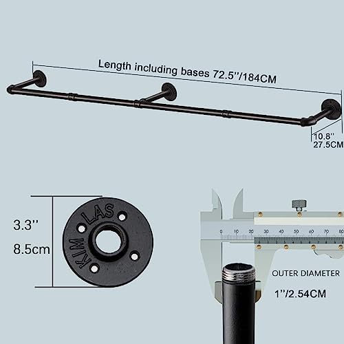 Industrial Pipe Clothes Rack with 3 S-shaped Hooks, 72’'L Wall Mounted Ga...