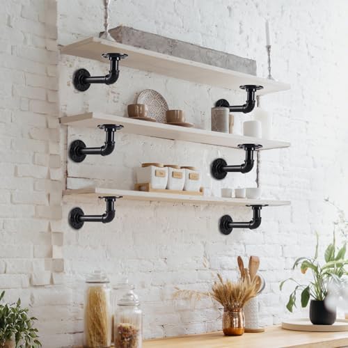 L-Shaped Industrial Pipe Shelf Brackets, Black Metal Wall-Mounted Floating Sh...
