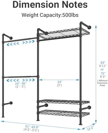 Timate F2 Industrial Pipe Clothes Rack Wall Mounted Clothing Rack for Hanging...