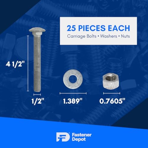 1/2"-13 x 4-1/2" (25 Sets) Hot Dipped Galvanized Carriage Bolt Kit ...
