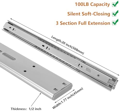 LONTAN 10 Pairs Soft Close Drawer Slides 20 Inch Heavy Duty Cabinet Rails
