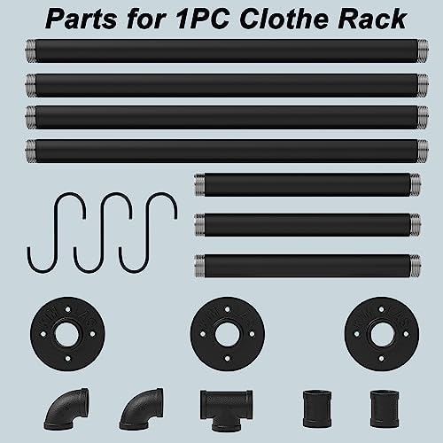 Industrial Pipe Clothes Rack with 3 S-shaped Hooks, 72’'L Wall Mounted Ga...