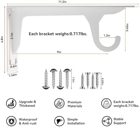 11 x 4.8 Inch Heavy Duty Closet Rod Bracket Support 300 lbs Capacity