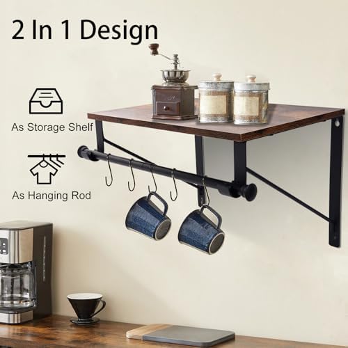 Wall Mounted Shelf with Hanging Rod, Laundry Room Shelves, Space Saving Organ...