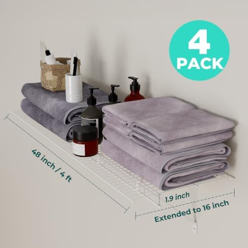 HAUSHOF 4 Pack Closet Shelves Wall Mounted, 4 ft x 16 in Wire Shelf Kit