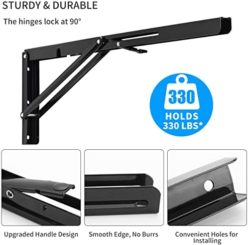 YUMORE 24 Inch Folding Shelf Bracket, Heavy Duty L Bracket, Black, 2 Pack