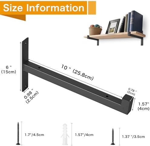 EZYDECOR 6 Pack Heavy Duty Shelf Brackets with Lip 10 Inch Black