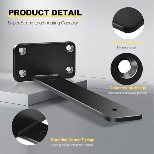 12 Pack - 6 inch Black Hidden L Shelf Bracket (1/5 Inch Thicked) Iron Floatin...