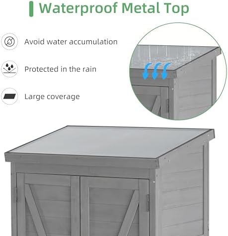 68'' Outdoor Storage Cabinet, Wooden Garden Tool Cabinet with Metal Top