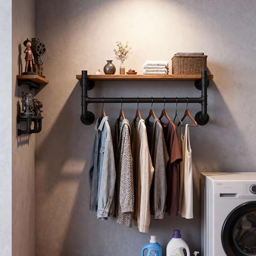 WEBI Wall Mounted Clothes Rack with Shelf,30" Industrial Pipe Clothing R...