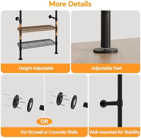 Higeego W4 Wall Mounted Clothes Rack, Industrial Pipe Clothing Rack, Black