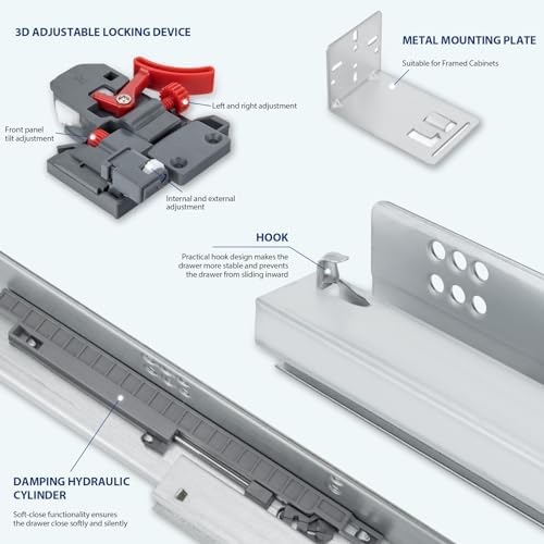 LONTAN 21 Inch Undermount Soft Close Drawer Slides 3D Locking Device 1 Pair