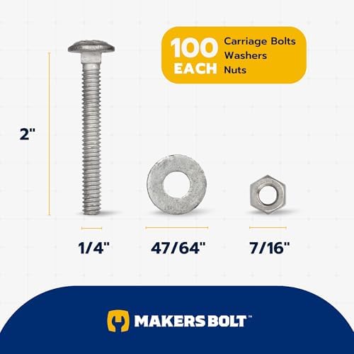 1/4" x 2" (100 Pack) Galvanized Carriage Bolt Kit Grade 307A Includ...