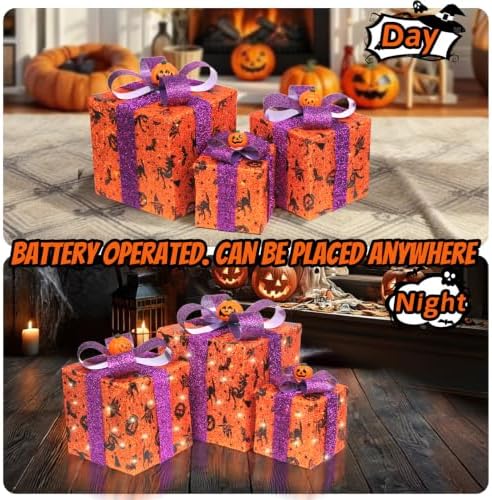 3 Pieces Lighted Boxes Halloween Decorations, Lighted Gift Boxes with Bat,Spi...