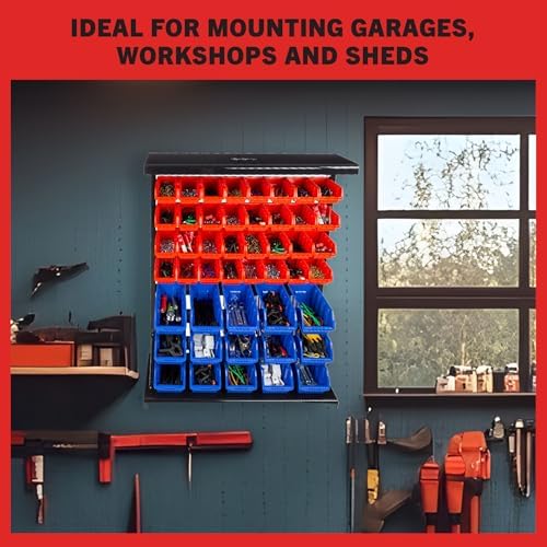 47-Bin Garage Organization Rack (15 Large, 32 Small) - Tabletop or Wall Mount...
