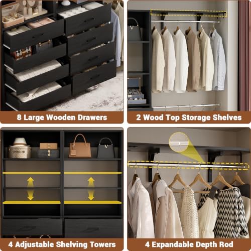 Aheaplus Closet System, Wood Closet Organizer System with 8 Drawers &4 Rods