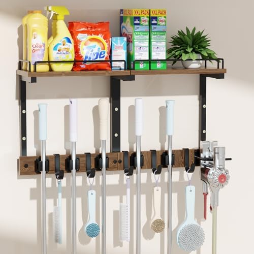 Broom and Mop Organizer Wall Hanging with Cleaning Supplies Organizer,Brown