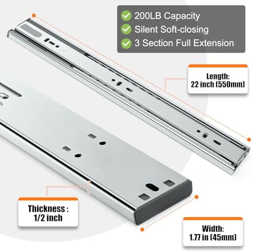 HBL'10 Pairs Soft Close Drawer Slides 22 inch,Full Extension,200Lbs Load