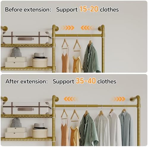 Higeego W3 Wall Mounted Clothes Rack, Industrial Pipe Clothing Rack, Gold