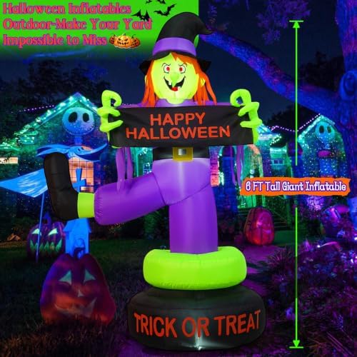 6FT Rotating Halloween Inflatables Outdoor Witch, 360° Swivel Base Lighted wi...