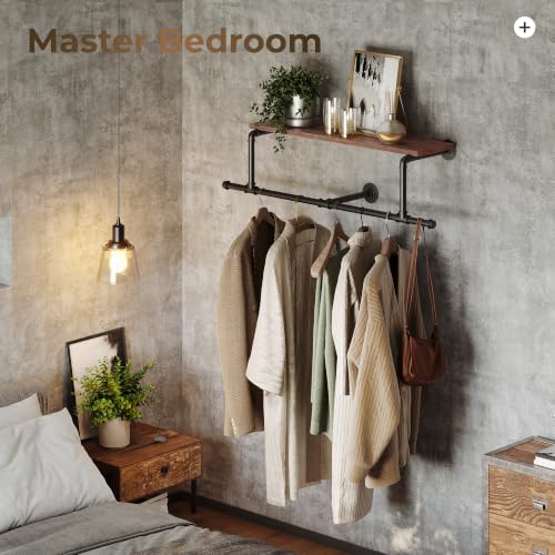 36In Industrial Pipe Clothing Rack with Top Shelf, Space-Saving Wall Mounted ...