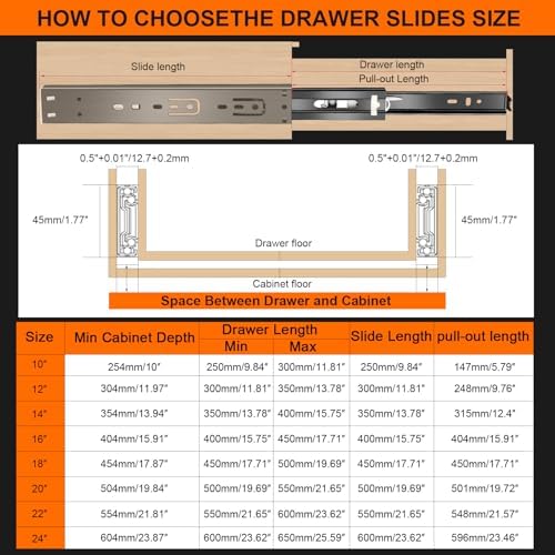 18 inch Drawer Slides 6 Pairs (12pcs) Soft Close 3 fold Full Extension Side M...