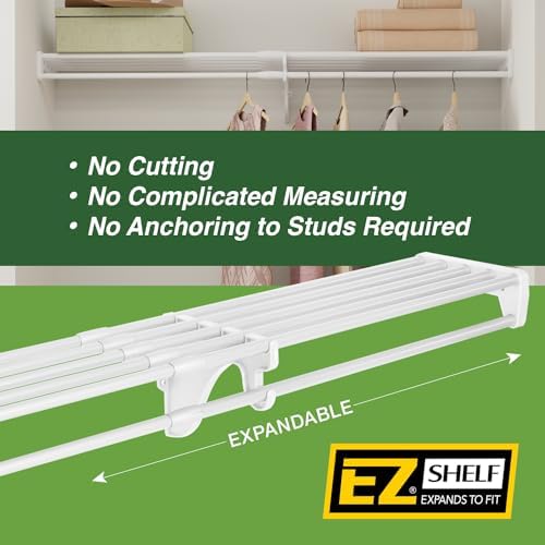 EZ SHELF Closet Shelf with Hanging Rod - 28-48” Expandable, White, Closet She...