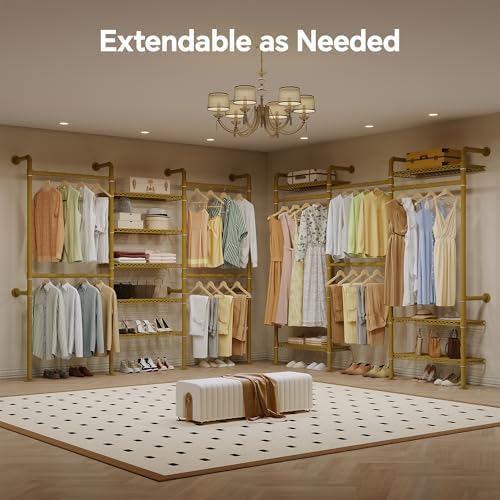 Higeego W3 Wall Mounted Clothes Rack, Industrial Pipe Clothing Rack, Gold