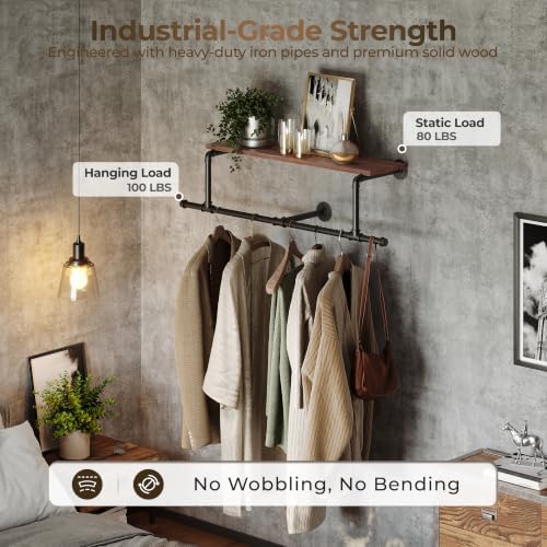 36In Industrial Pipe Clothing Rack with Top Shelf, Space-Saving Wall Mounted ...