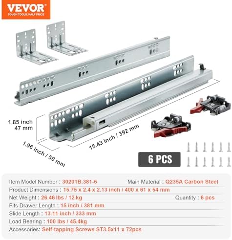 VEVOR Bottom Mount Drawer Slides 6 Pairs 15 Inch, Heavy Duty Ball Bearing Sof...