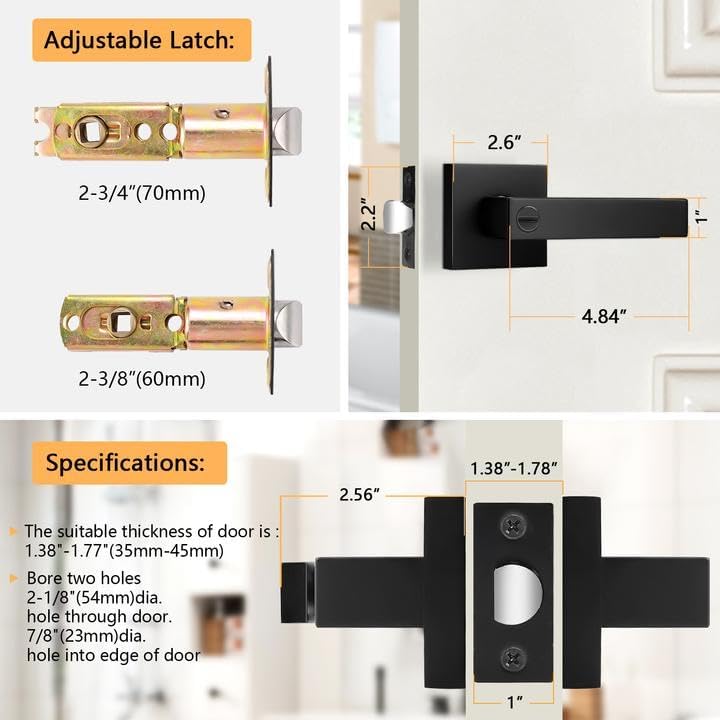 Probrico Matte Black Interior Door Handles, Privacy Square Bed & Bath Lev...