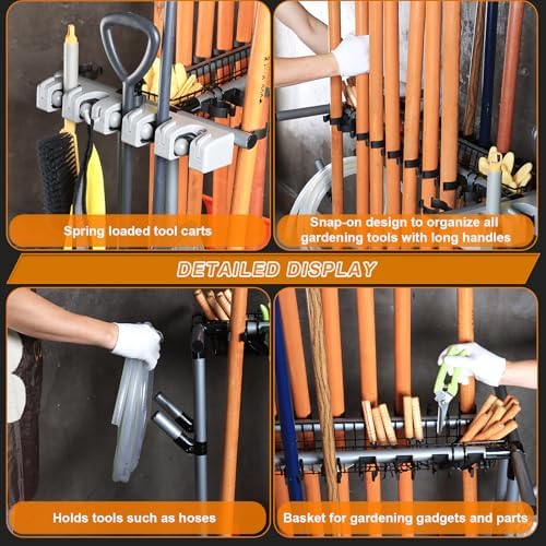 Garden Tool Storage Rack with Wheels Heavy-Duty Organizer for Garage, Yard, a...