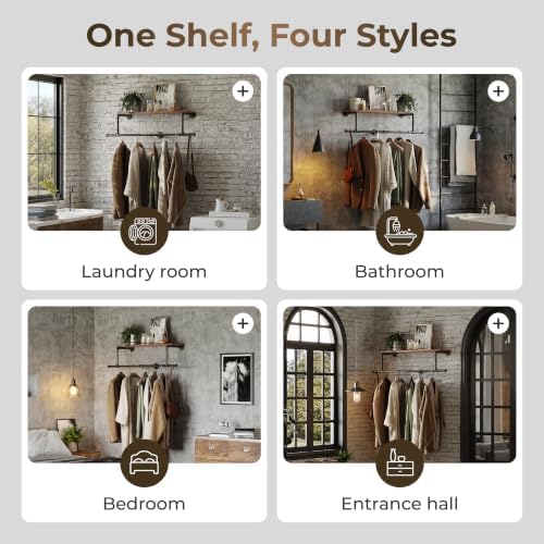 36In Industrial Pipe Clothing Rack with Top Shelf, Space-Saving Wall Mounted ...