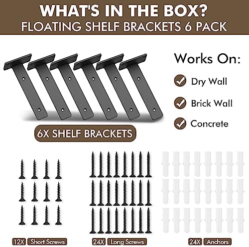 6 Pack Heavy Duty Metal Shelf Brackets 10 inch Long,Black