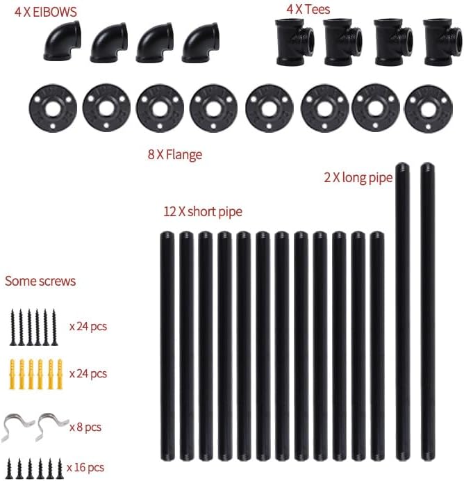 4-Tier Industrial Pipe Shelving Bracket System, Black Iron Wall Mount, DIY Ru...