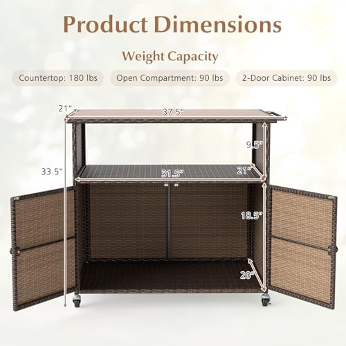 HAPPYGRILL Outdoor Storage Cabinet with Wheels, PE Rattan Patio Buffet Sidebo...