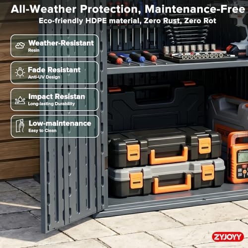Outdoor Storage Cabinet with 2 Shelves, Waterproof Resin Vertical Tool Shed, ...