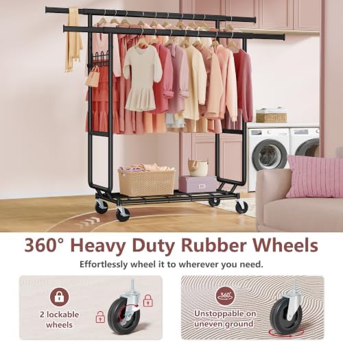 Hoctieon 2-Minute Assembly Double Rod Clothes Rack, Heavy Duty Rolling Clothi...