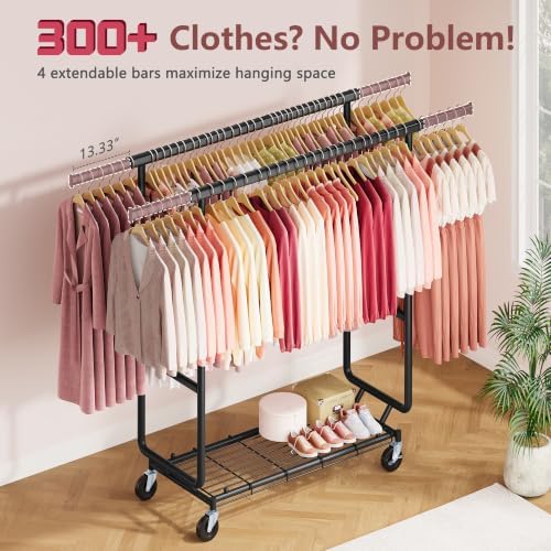 Hoctieon 2-Minute Assembly Double Rod Clothes Rack, Heavy Duty Rolling Clothi...