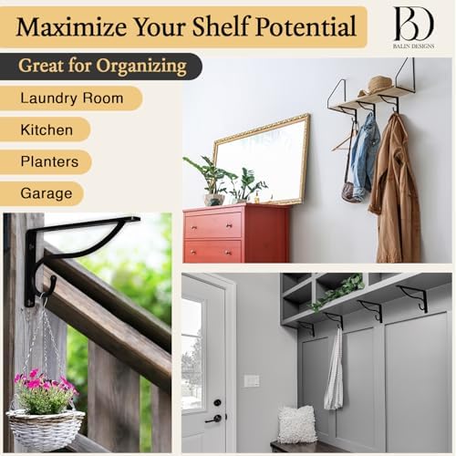 Closet Rod Bracket, 6 Inch Hook Shelf Brackets Heavy Duty Wall Mounted, Black...