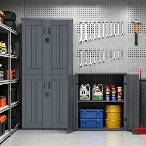 Outdoor Storage Cabinet with 2 Shelves, Waterproof Resin Vertical Tool Shed, ...