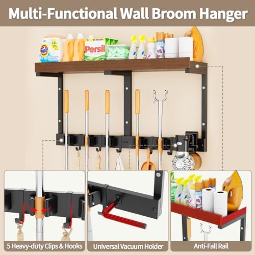 Broom and Mop Organizer Wall Hanging, Broom Hanger Holder Wall Mount