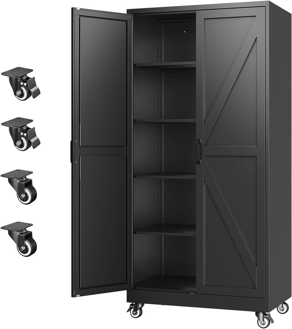 Metal Garage Storage Cabinet with Wheels,75" Black Tool Steel Locker