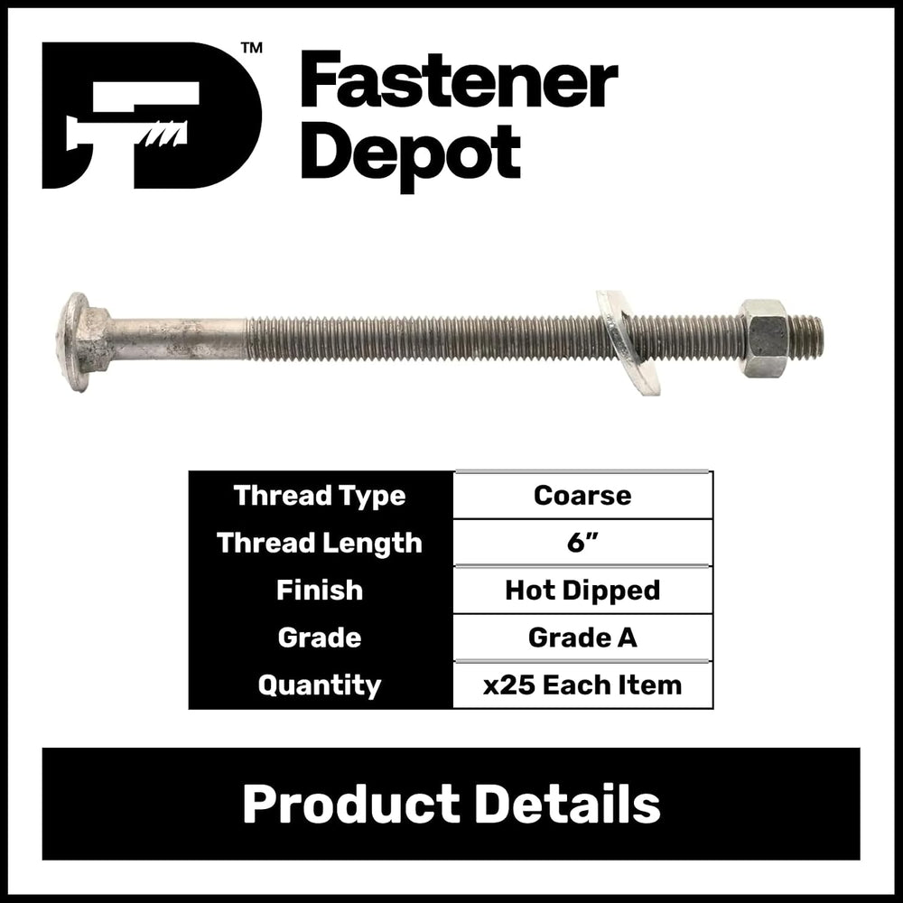 3/8"-16 x 8 (25 Pack) Galvanized Carriage Bolt Kit Grade 307A, Includes:...
