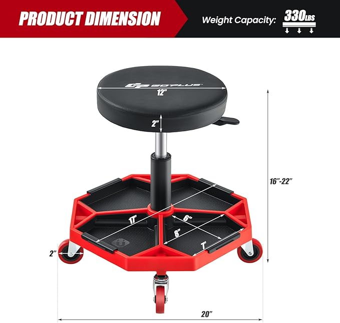 Goplus Garage Stool, 16”-22” Adjustable Rolling Mechanic Stool