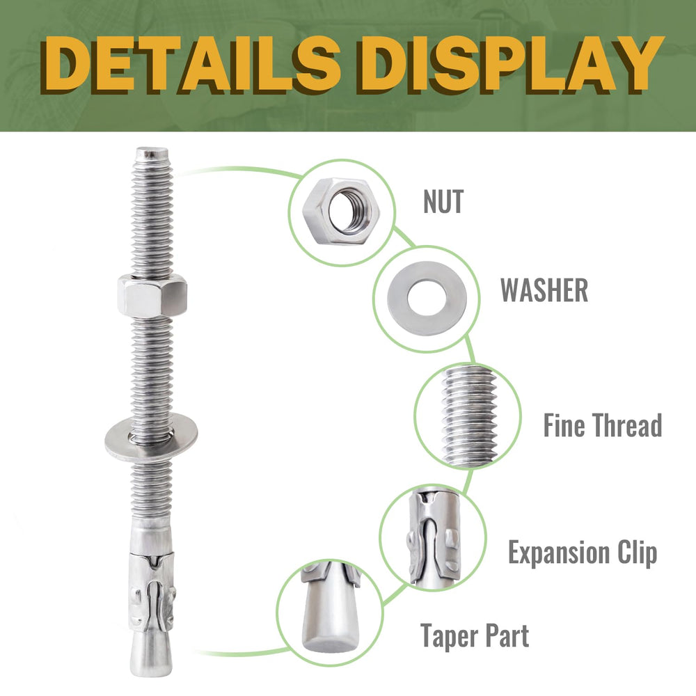 LIONMAX Stainless Steel Concrete Anchors, 3/8" x 5" Wedge Anchors, ...