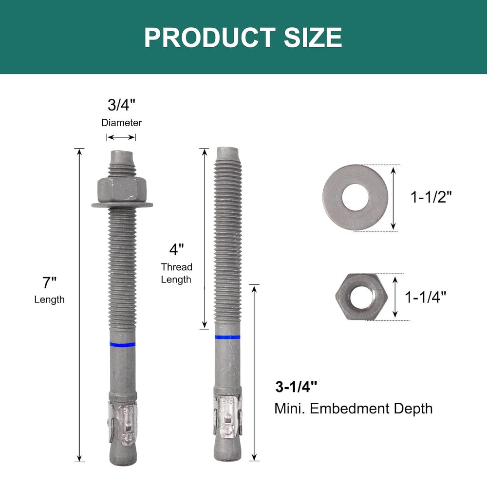 3/4" x 7" Concrete Anchors (10 Pack) 3/4 inch Wedge Anchors Bolts H...