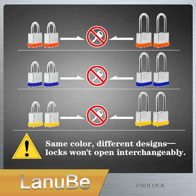 Lanube Lock 12-Pack Laminated Keyed Padlock Set 3 Colors, 2 Short 2 Long