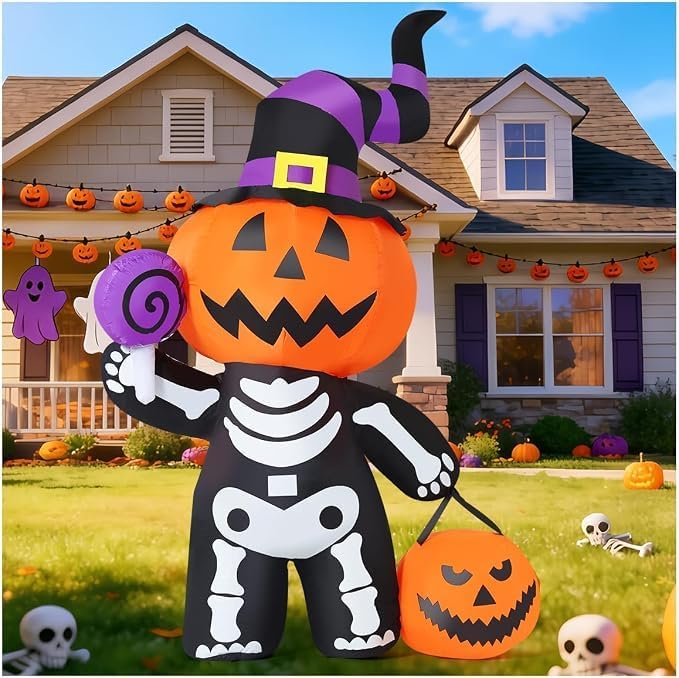 GOOSH 6 FT Halloween Inflatable Pumpkin Skull Body Outdoor Decorations Blow U...